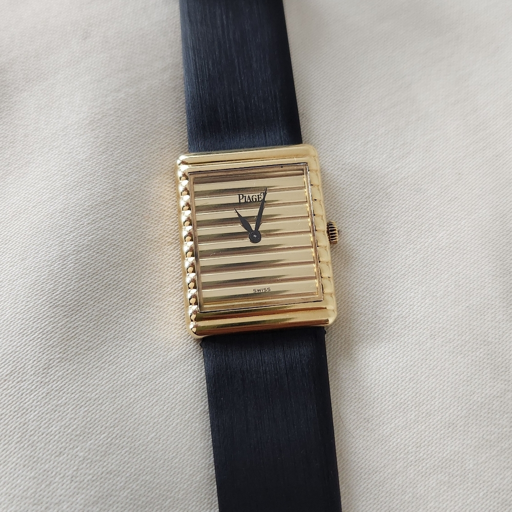 Piaget 18K Yellow Gold Rectangle Face Watch with genuine leather band